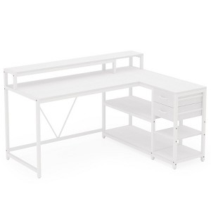 Sapphtopaz 55" Modern L-Shaped Desk with Drawers and Monitor Riser Computer Desk with Open Storage Shelves Small Desk for Home Office, Bedroom - 1 of 4