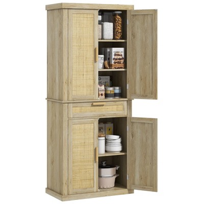 72" Tall Pantry Cabinet with Rattan Panels, Boho Kitchen Storage Cabinet, 5-Tier Shelving, Adjustable Shelves, 4 Doors & Drawer