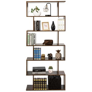 Tangkula 6-Tier S-Shape Bookcase Z-Shelf Style Storage Display Rack Brown - 1 of 4