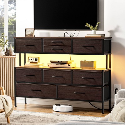 WOWLIVE 9 Dresser for Bedroom, Chest of Drawers with Fabric Drawer, 55’’ TV Stand with Charging Station and LED Lights
