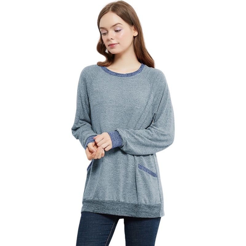 Anna-Kaci Women's Long Sleeve Round Neck Casual T Shirts Blouses Sweatshirts Tunic Tops with Pocket, 1 of 4
