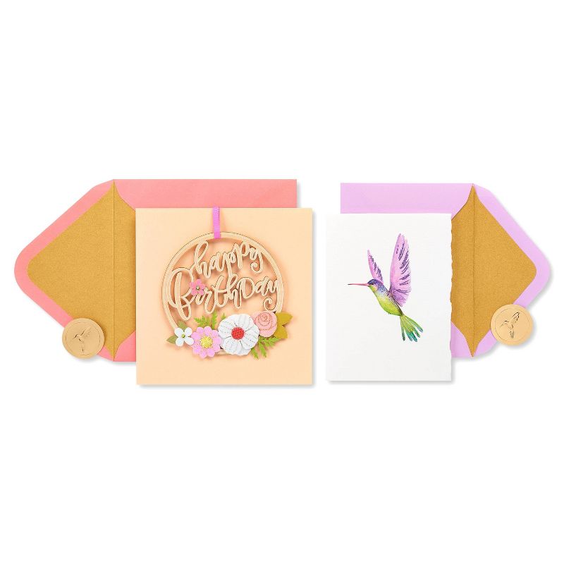 2ct Cards Happy Birthday Floral Ornament and Hummingbird - PAPYRUS, 1 of 5