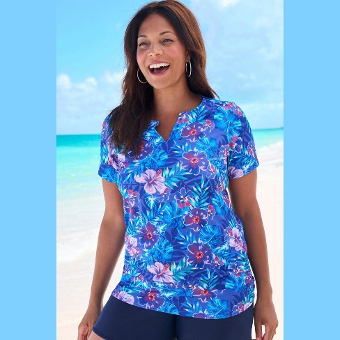 Split-Neck Short Sleeve Swim Tee with Built-In Bra