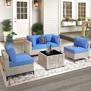 XIZZI 5PCS Furniture Set, Rattan Modular Sectional Sofa, Outside Coversation Set with Solar Coffee Table for Porch Balcony Backyard Poolside - 1 of 4