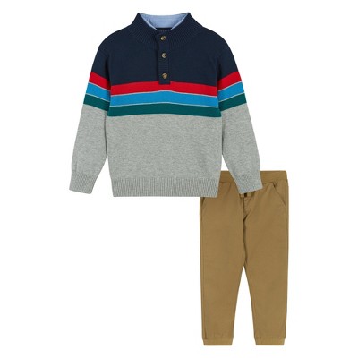 Image of Andy & Evan Infant  Boys Colorblocked 1/4 Neck Sweater Set Grey, Size 3-6 Months.