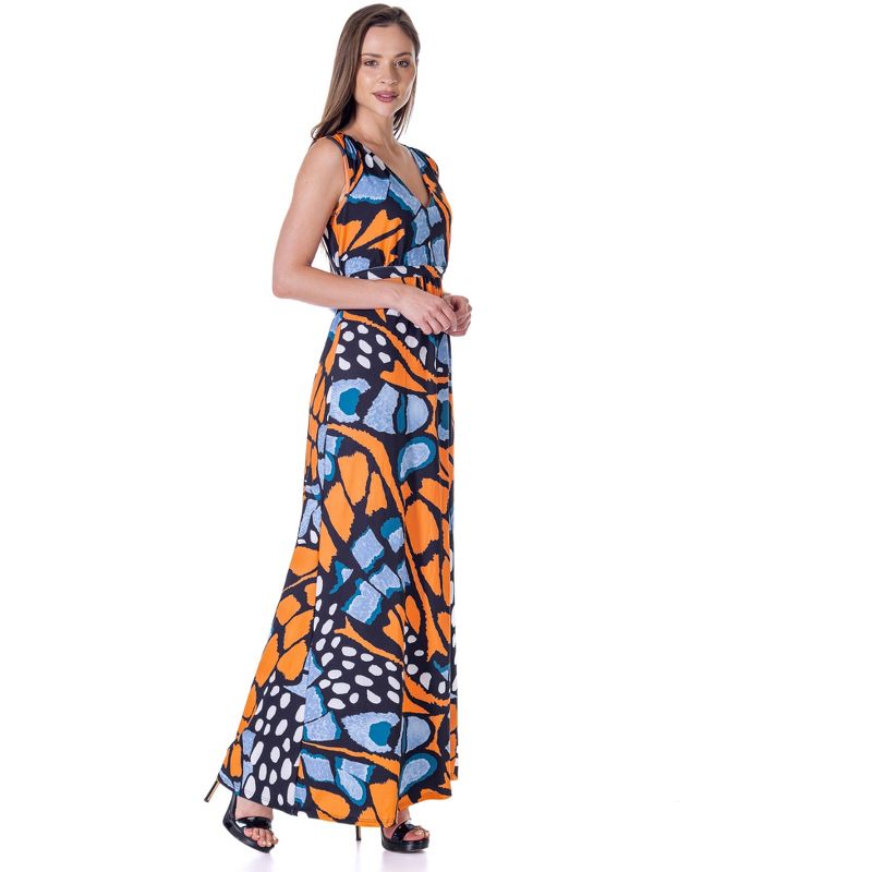 24seven Comfort Apparel Womens Orange Butterfly Print V Neck Tie Back Empire Waist Sleeveless Maxi Dress, 2 of 9
