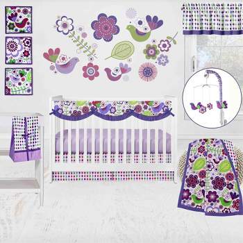 Bacati - Botanical Floral Birds Purple Multicolor 10 pc Crib Bedding Set with Long Rail Guard Cover
