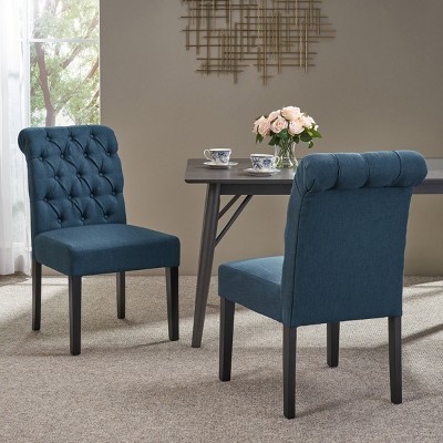 Set of 2  Tufted Dining Chairs with Rolled Top, Stain-Resistant Fabric, and Sturdy Wood Frame-Coolbibila