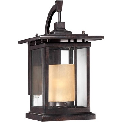 Franklin Iron Works Modern Outdoor Wall Light Fixture Bronze Steel 16 1/2" Clear and Amber Frosted Glass for Exterior House Porch