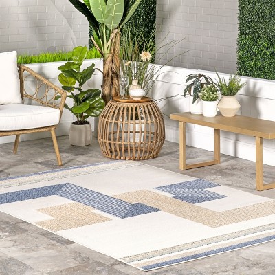 Adira Blue and Beige Geometric Indoor/Outdoor Area Rug