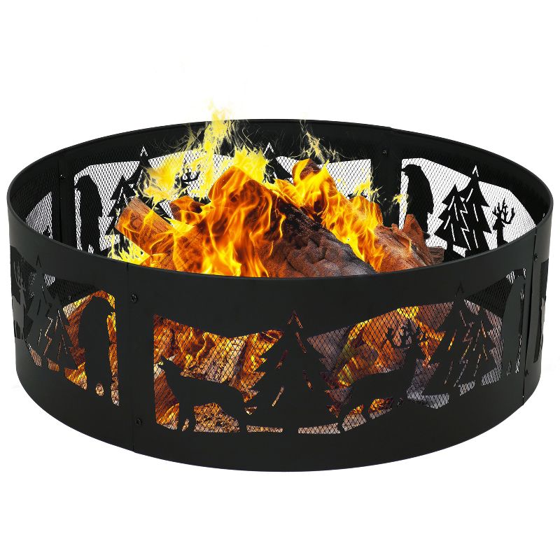 Sunnydaze Forest Wilderness Heavy-Duty Steel Fire Pit Ring with 360-Degree Wildlife Cutouts - 36-Inch Round - Black, 1 of 6