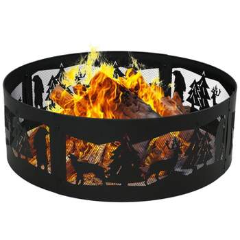 Sunnydaze Forest Wilderness Heavy-Duty Steel Fire Pit Ring with 360-Degree Wildlife Cutouts - 36-Inch Round - Black