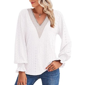 Womens V Neck Blouse Long Sleeve Lace V Neck Ruffled Sleeve Tops Tunic Blouse Long Sleeve T-Shirts,White - 2XL - 1 of 4