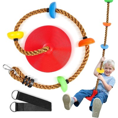 Hotraffy Climbing Rope Tree Swing with Platforms and Swing Seat Outdoor Playground Accessories for Kids Including Hanging Strap & Carabiner（red）