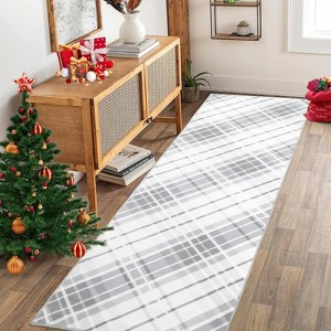Washable Geometric Plaid Bedroom Rug, Non Slip Non Shedding Carpet, Modern Foldable Low Pile Floor Cover, Stain Resistant Hallway Mat - 1 of 4