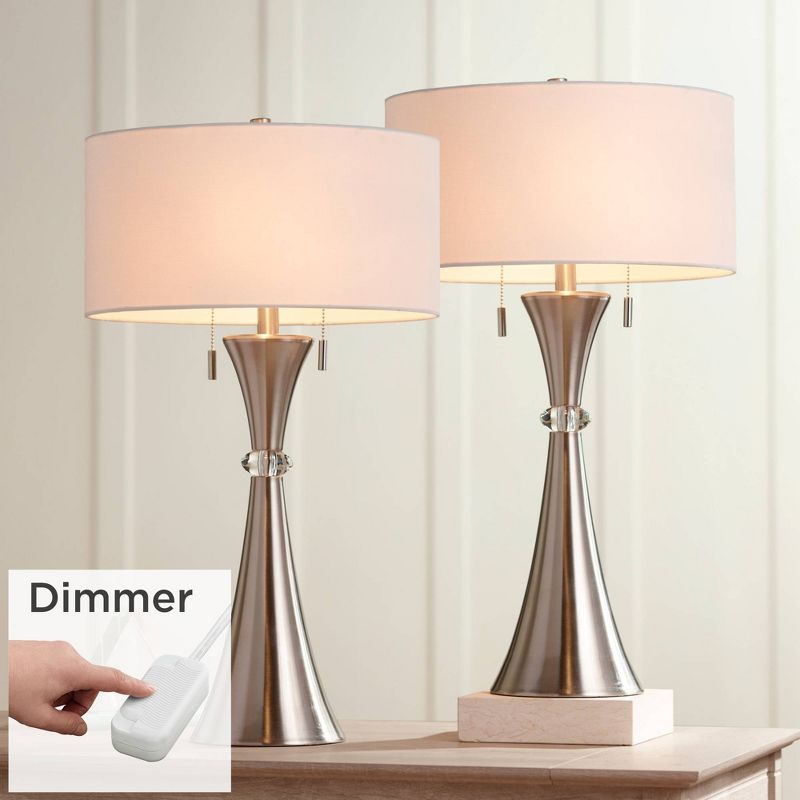 360 Lighting Rachel Art Deco Style Table Lamps 28" Tall Set of 2 Column Silver Metal with Table Top Dimmers White Drum for Bedroom Living Room Bedside, 2 of 8