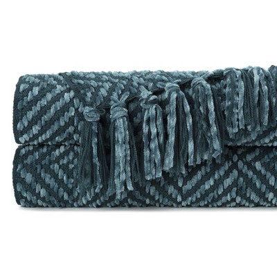 Teal Blue Green Knitted Toddler Blanket with Fringe
