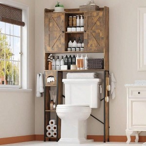 32 inch over toilet storage cabinet with metal frame and adjustable shelves rustic brown bathroom organizer laundry farmhouse style - 1 of 4