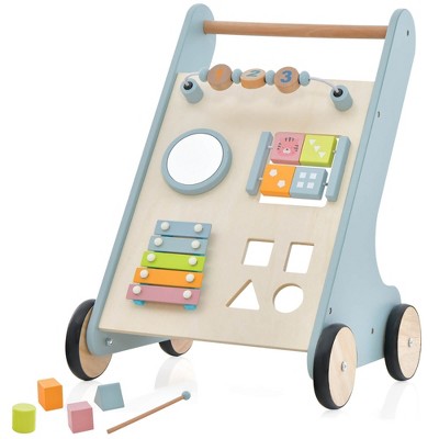 Wooden Toddler Push Walker  Educational Toy w/ Xylophone & Flip Blocks Blue
