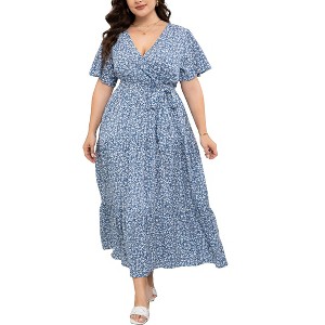 BLUEMING Summer Maxi Dress for Plus Size Women Tie Wasit Surplice Dress Flutter Sleeve A-Line Dress - 1 of 4