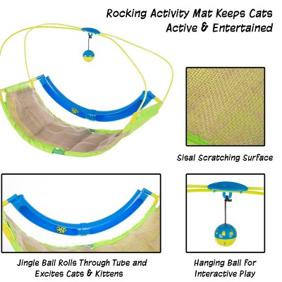 Interactive Rocking Cat Activity Mat with Hanging Toy and Rolling Ball