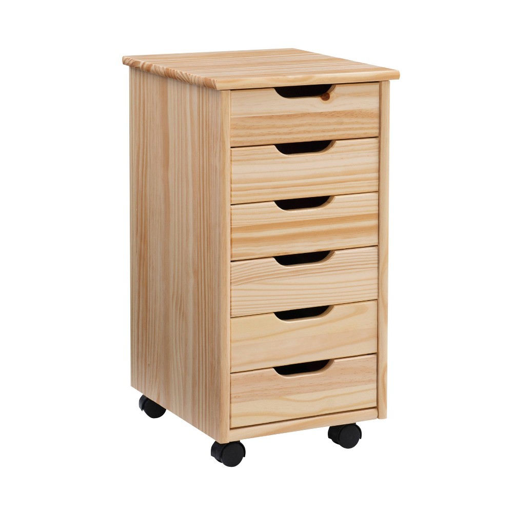 Cary Transitional 6 Drawer Solid Wood Contoured Handle Cut Out Rolling Storage Cart Natural - Linon