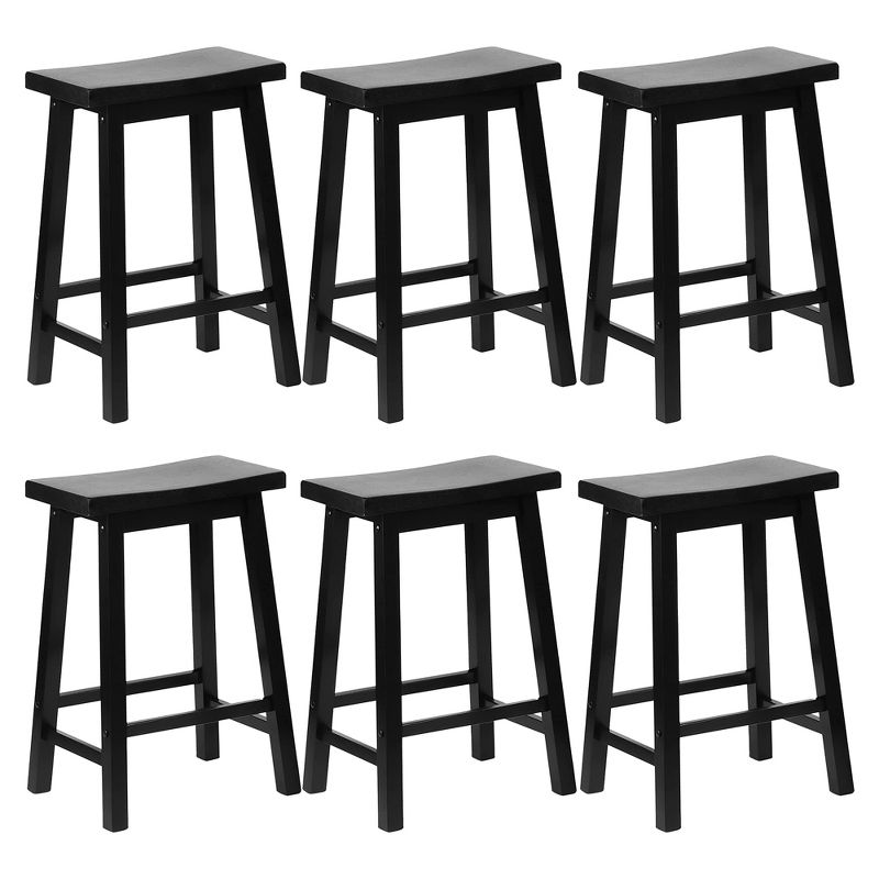 PJ Wood Classic Saddle-Seat 24" Tall Kitchen Counter Stools for Homes, Dining Spaces, and Bars w/Backless Seats, 4 Square Legs, Black (Set of 6), 1 of 7