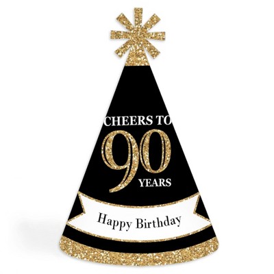 Big Dot of Happiness Adult 90th Birthday - Gold - Cone Birthday Party Hats for Kids and Adults - Set of 8 (Standard Size)