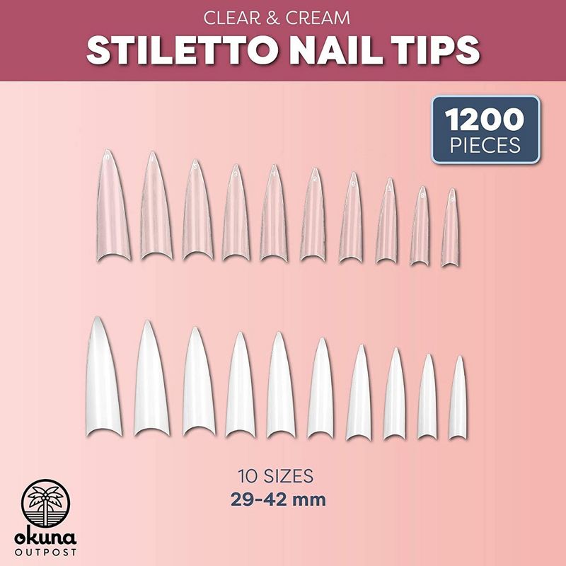 Okuna Outpost 1200 Count Stiletto Acrylic Nail Tips, Half Cover & Long Fake Nails for Salon, 10 Sizes, Clear & White, 1 of 7