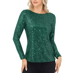 Anna-Kaci Women's Long Sleeve Sequin Top with Crew Neck and Fitted Silhouette - 1 of 4