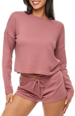 Adr Women's Ribbed Knit Pajamas Set, Long Sleeve Top And Pajama Thermal  Underwear Shorts Rose Taupe Large : Target