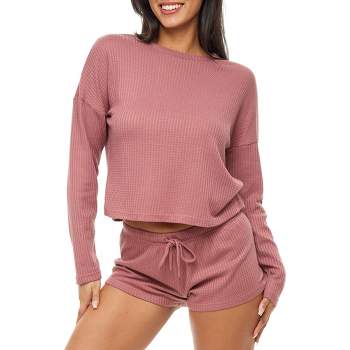 Adr Women's Ribbed Knit Cardigan Thermal Sleepwear Set Hip Length Jacket,  Cami Top And Pajama Pants Rose Taupe X Large : Target