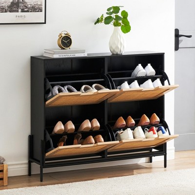 Entryway Shoe Organizer Cabinet with 4 Drop-Front Drawers ¨C Freestanding Narrow Shoe Storage with Steel Legs