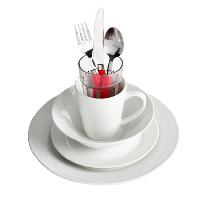 Regal White 32-Piece Porcelain Dinnerware Set with Red Handle Utensils