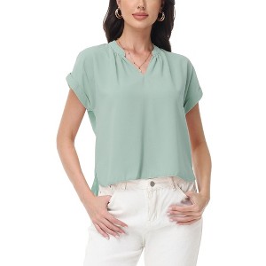 Anna-Kaci Women's Short Sleeve Blouse with Gathered V-Neckline and Rolled Cuffs - 1 of 4