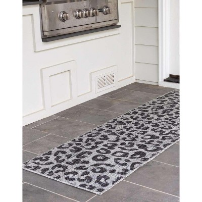 Light Gray and Black Abstract Animal Print Outdoor Runner Rug