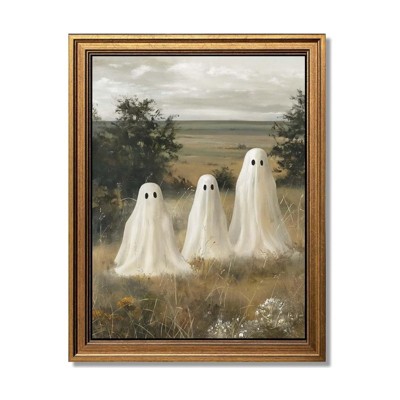 BRINJOY Vintage Halloween Canvas Wall Art - Gold Frame Ghost Print with Rustic Landscape, 9.5x12 Inch Spooky Decor for Bedroom & Living Room