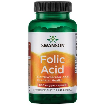 Swanson Folic Acid B-Vitamin Supplement, Supports Prenatal Health & Heart Health, 250 Capsules, 800 mcg.