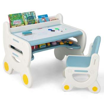 Costway Kids Drawing Table & Chair Set for Reading Playing with Pens & Blackboard Eraser Blue/Brown