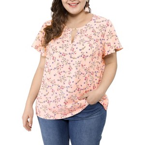 Agnes Orinda Plus Size Womens Tops Keyhole Flutter Short Sleeve Chiffon Floral Pattern - 1 of 4