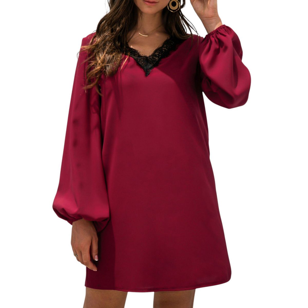Anna-Kaci Women's Long Sleeve Mini Shift Dress with V-Neckline and Lace Trim Detail - thumbnail 6