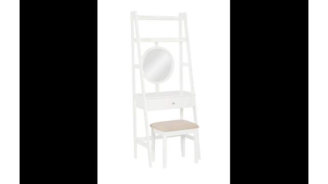 Alaina Wood Leaning Ladder Round Mirror 1 Drawer 2 Shelf Vanity and Upholstered Stool White - Linon, 2 of 15, play video