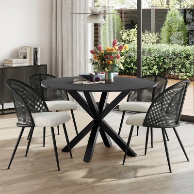 5pcs Black Dining Set for 4, Round Black Grain Dining Table Set with 4 Upholstered Rattan Dining Chair, Dining Room Furniture - The Pop Home