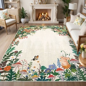 Floral Bordered Accent Carpet, Non-Slip Geometric Floor Cover, Stain-Resistant Low Pile Indoor Mat for Playroom, Living Room - 1 of 4
