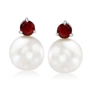 Ross-Simons 11-12mm Cultured Pearl and 1.00 ct. t.w. Garnet Earrings in Sterling Silver - 1 of 4