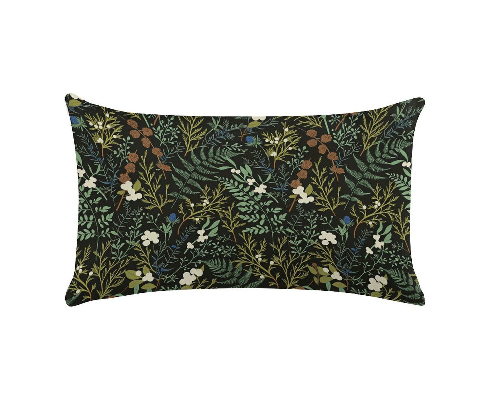 Moody Plush Velvet Pillow Cover, Botanical Fern & Berry Print on Black, Hidden Zipper, Lumbar Pillow for Forest & Cabin Decor 12x20 Iniches