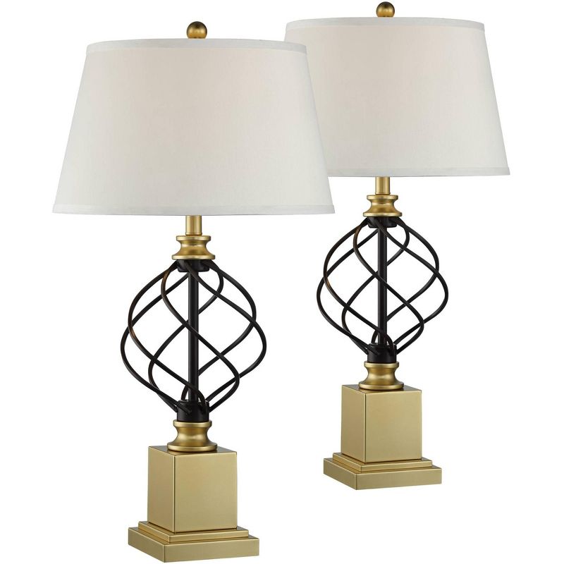 Regency Hill Traditional Table Lamps 31.5" Tall Set of 2 Gold Black Metal White Empire Open Cage Pedestal Living Room Bedroom House Bedside, 1 of 7