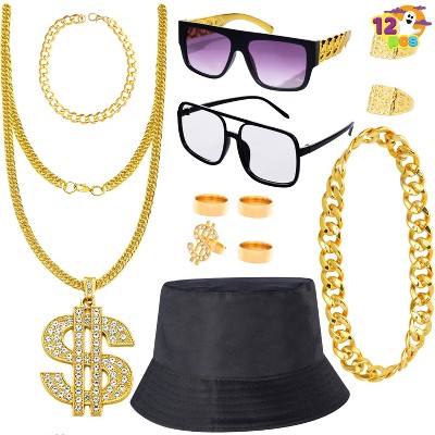 Joyfy Halloween Party Supplies 12 Pcs Hip Hop Cosplay Costume 80s 90s Rapper Accessories Outfit for Men Women Old School Rapper Themed Decorations