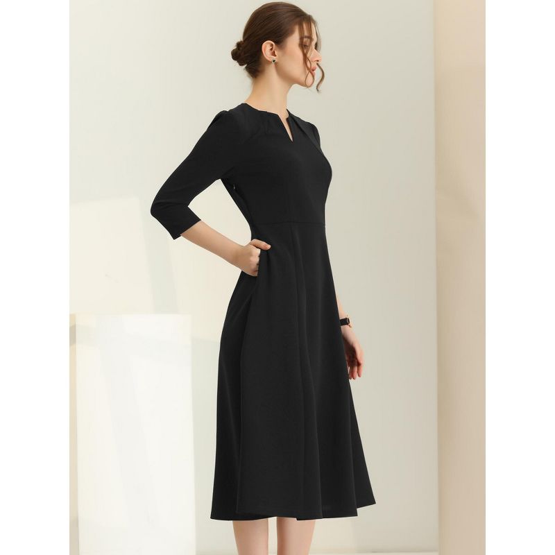 Allegra K Women's Elegant Split Neck Side Zipper Pockets 3/4 Sleeve Work A-Line Dress, 2 of 6