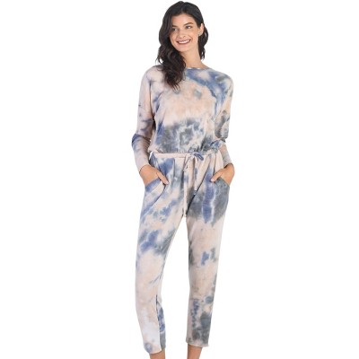 Slickblue Women's Casual Tie-Dye Jumpsuit, Long Sleeve, Drawstring Waist, Street Style, Size S-L, Navy/Burgundy